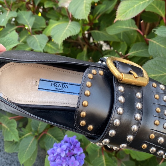Prada Milano leather pointy toe studded fringe leather buckled flats black shoes - Picture 4 of 7